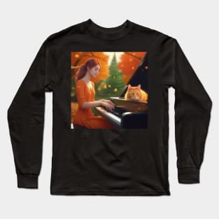 A Female Pianist With A Contented Orange Cat Sitting On The Piano In The English Countryside With An Autumn Mist Long Sleeve T-Shirt